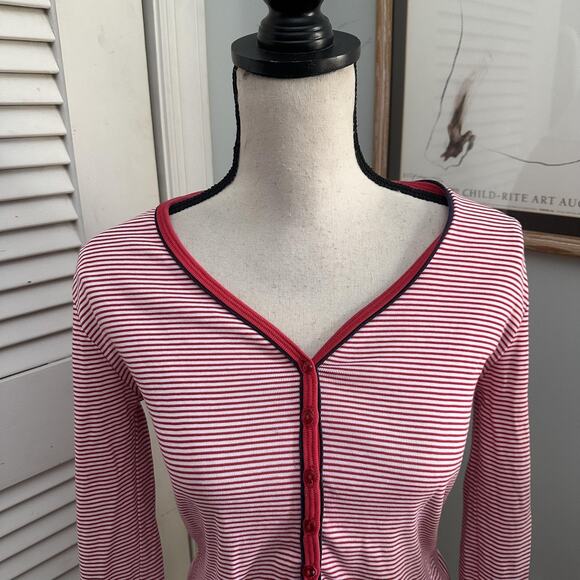 clothes Shirt Womens Medium Red White Striped Button Front V-Neck Retro Preppy - Picture 3 of 12